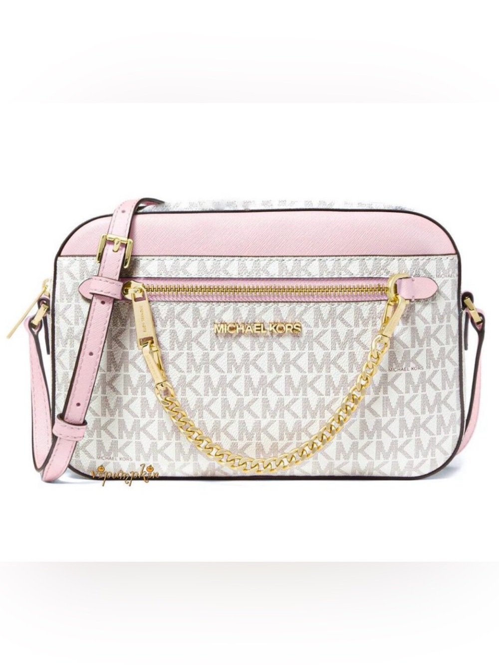 MICHAEL KORS Pink and White Signature MK Logo Crossbody with Gold Chain